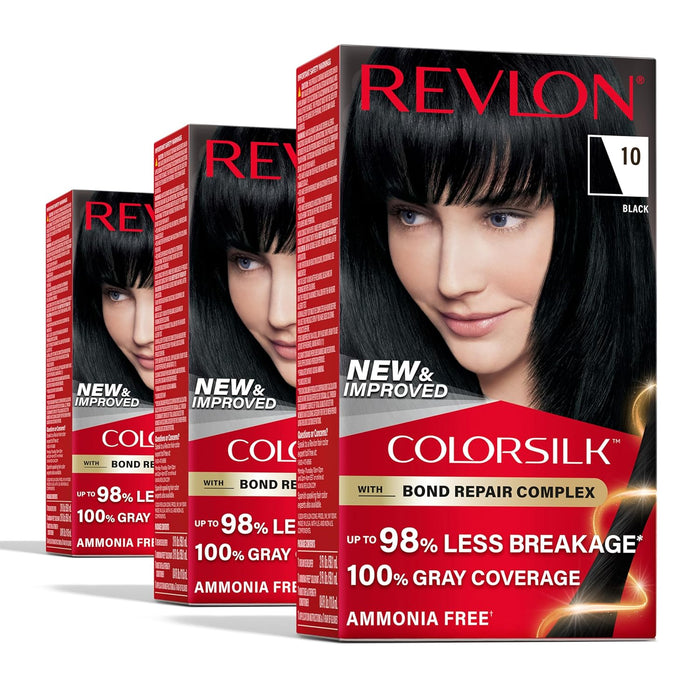 Revlon ColorSilk Permanent Hair Color #10 Black (3 Pack)