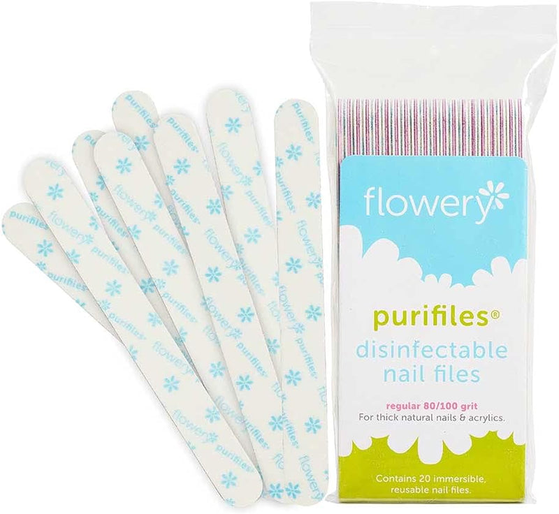Flowery Purifiles Standard Pink Core Disinfectable Nail Files 80/100 Grit 20ct