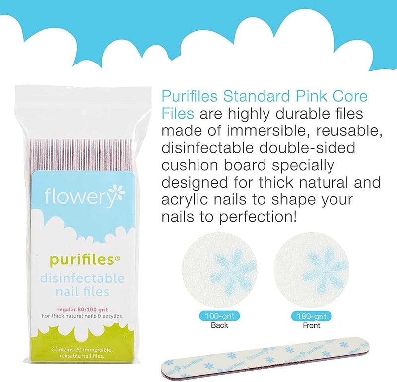 Flowery Purifiles Standard Pink Core Disinfectable Nail Files 80/100 Grit 20ct