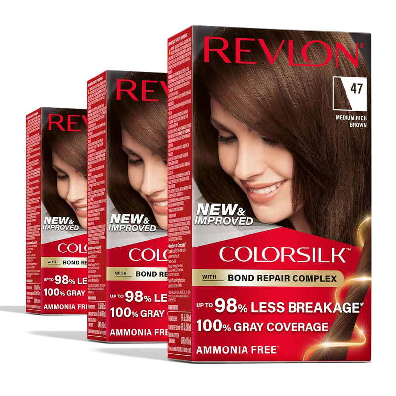 Revlon - ColorSilk Permanent Hair Color - #47 Medium Rich Brown (3 Pack)