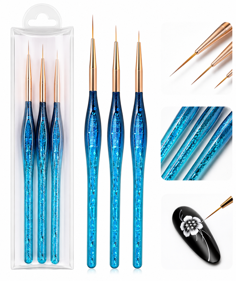 3PCS Blue Glitter Nail Art Liner Brush Set Nylon Detail Striping UV Gel 80004