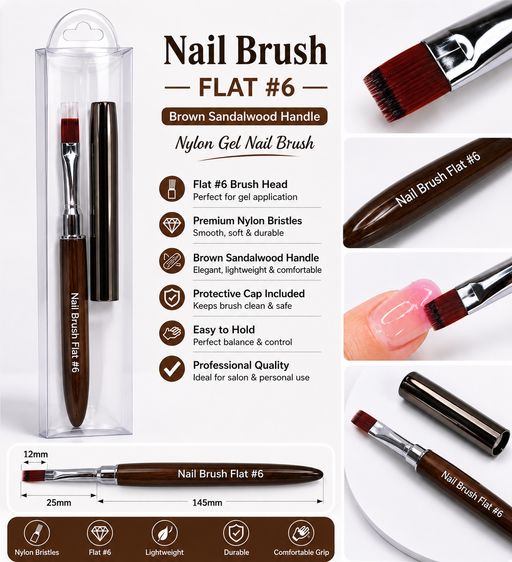 Professional Gel Nail Brush Flat #6 80005 Brown Sandalwood Handle professional flat gel nail brush