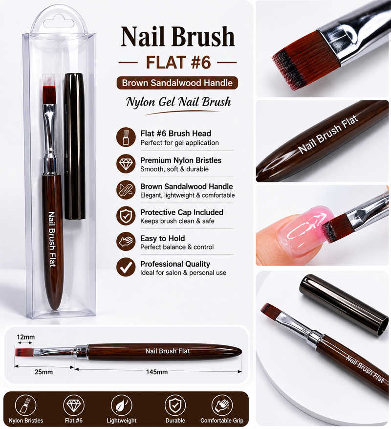 Black Sandalwood Handle Nylon Gel Nail Brush Flat #6 80007