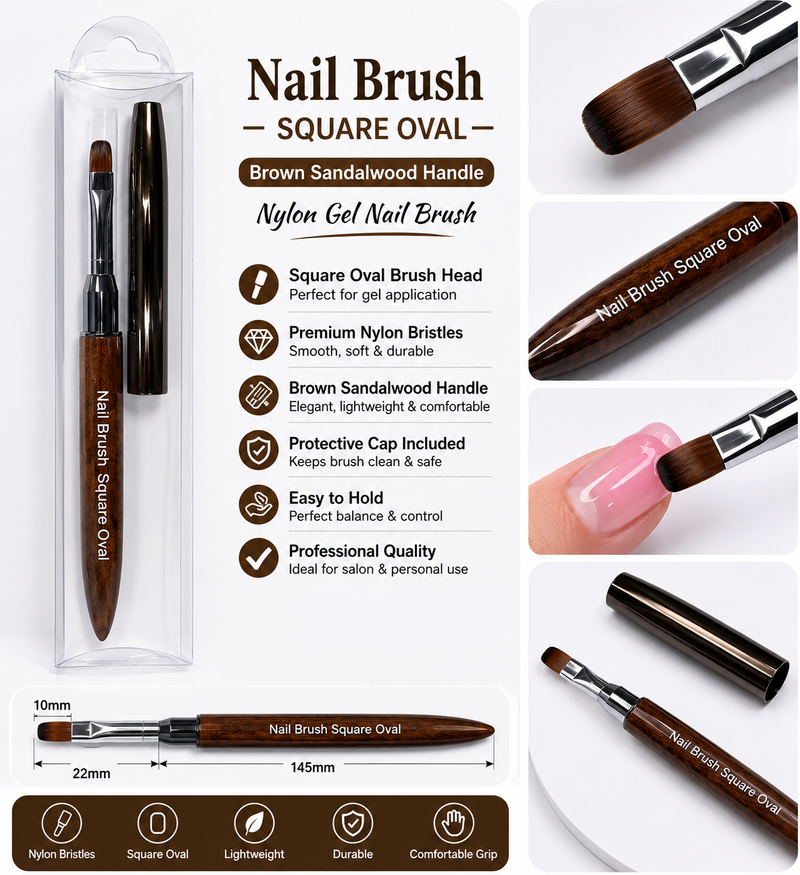 Nylon Gel Nail Brush Square Oval #6 80009 Brown Sandalwood Handle