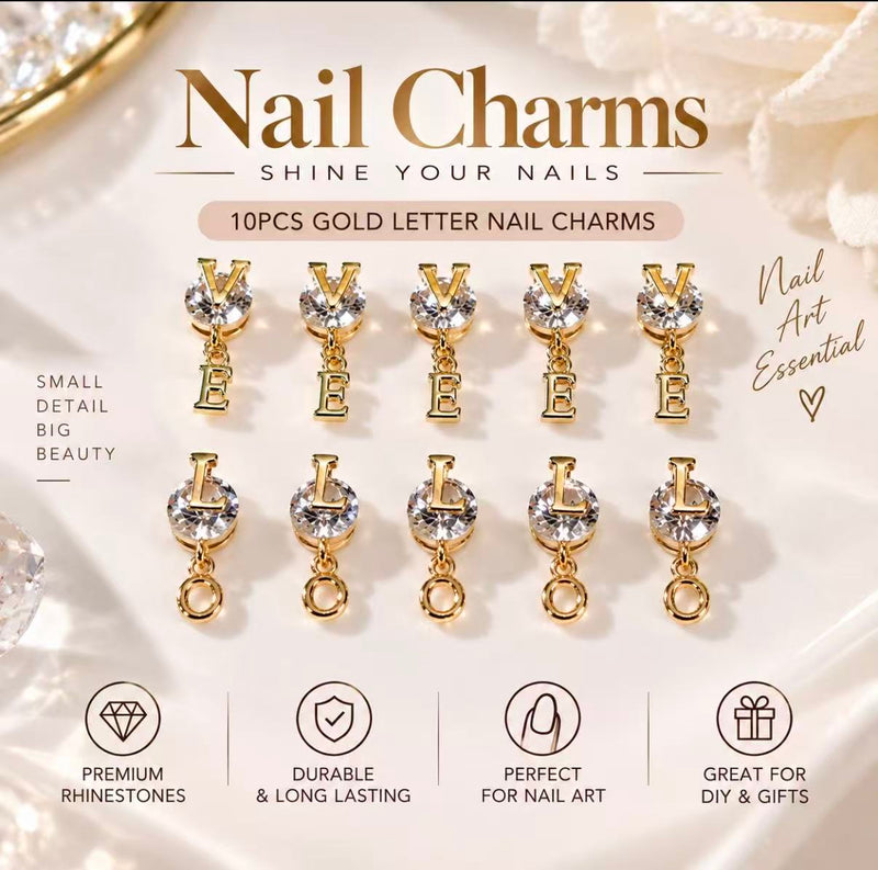 Luxury Crystal Letter Dangle Nail Charms – 10PCS