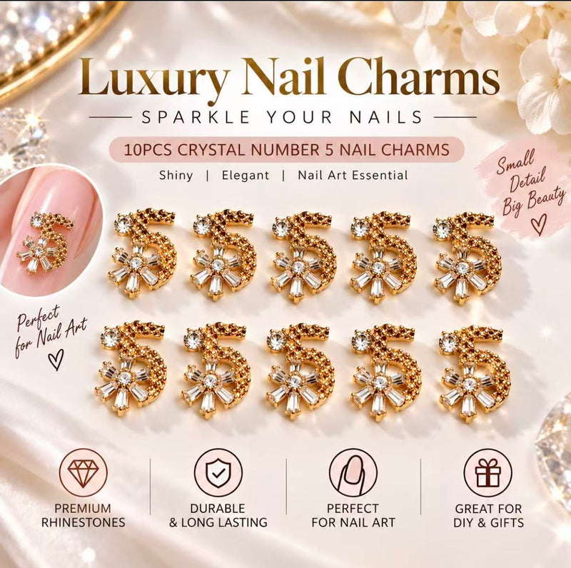 Luxury Gold Crystal Number 5 Nail Charms – 10PCS