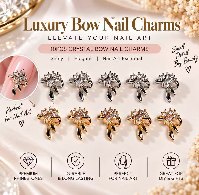 Luxury Crystal Bow Nail Charms – Gold & Silver 10PCS A-5