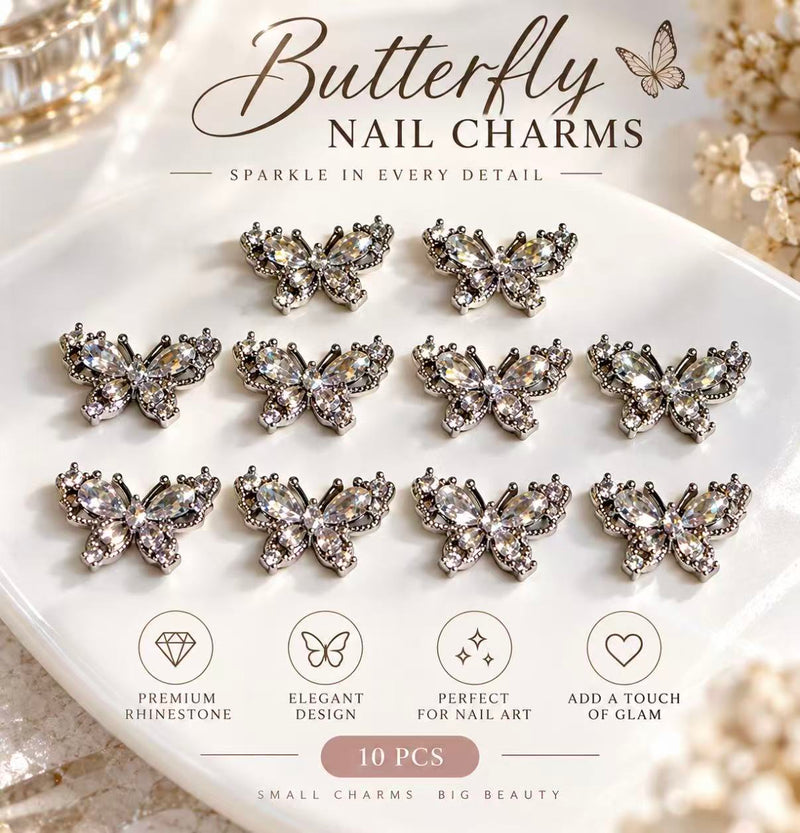 Luxury Crystal Butterfly Nail Charms – Silver 10PCS A-7
