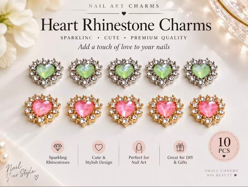 Premium European Crystal Heart Nail Charms – Pink & Green | 10 PCS