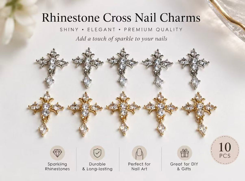 10pcs Rhinestone Cross Nail Charms – Gold & Silver 3D Nail Art