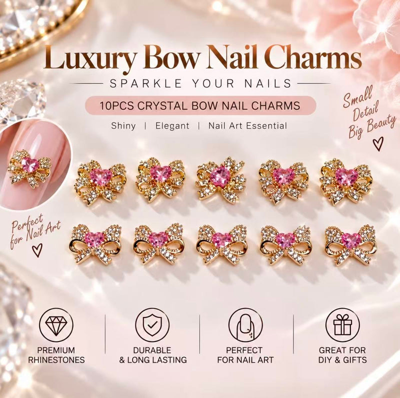 Luxury Pink Heart Crystal Bow Nail Charms – 10PCS A-6
