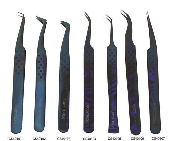 Body Toolz CS40103 Eyelash Extension Curved Tip Tweezer - Blue Titanium