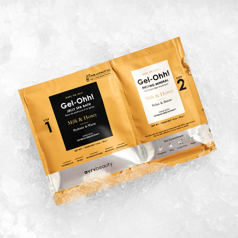 AvryBeauty - Set de pedicura con gel de baño y gelatina - Leche y miel, 30 unidades