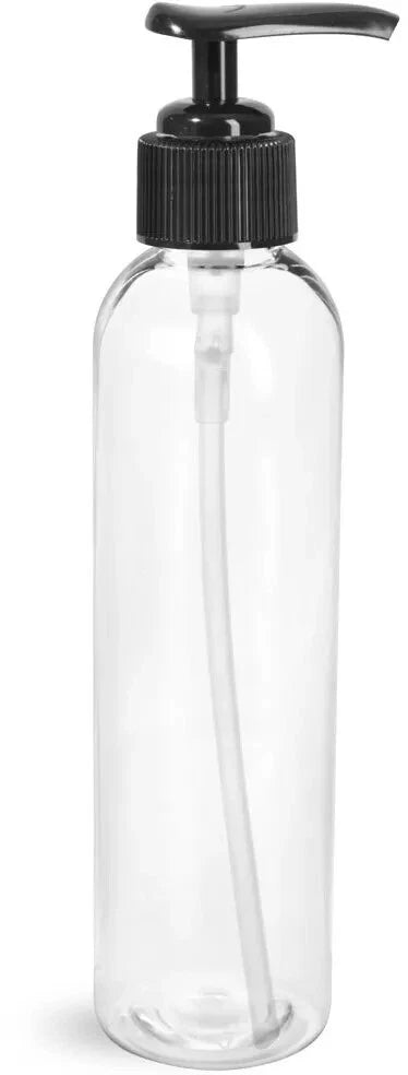8 oz Clear PET Cosmo Round Bottles w/ Black Lotion Pumps