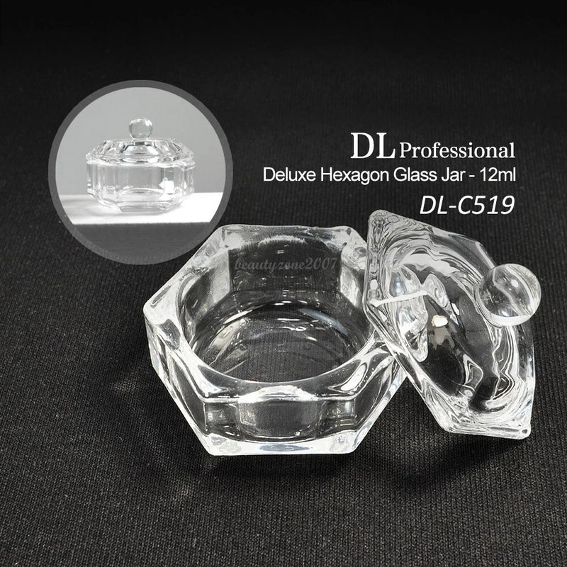 DL Professional - C519 Recipiente de vidrio hexagonal de lujo con tapa para líquidos acrílicos y polvos