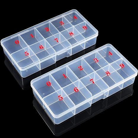2 Pack False Nail Tip Organizer Box 10 Slots Numbered Clear Plastic Case