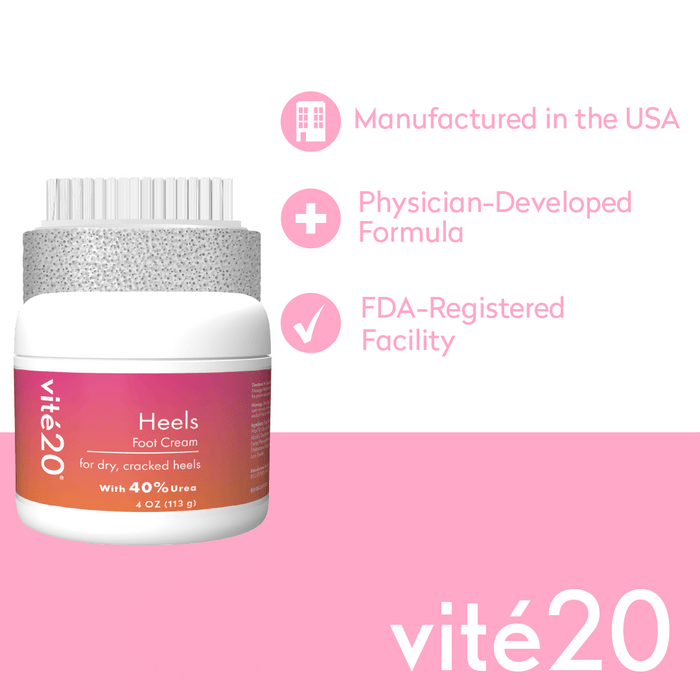 Vite20 40% Urea Foot Cream 4oz w/Pumice Stone Brush For Dry Cracked Heels